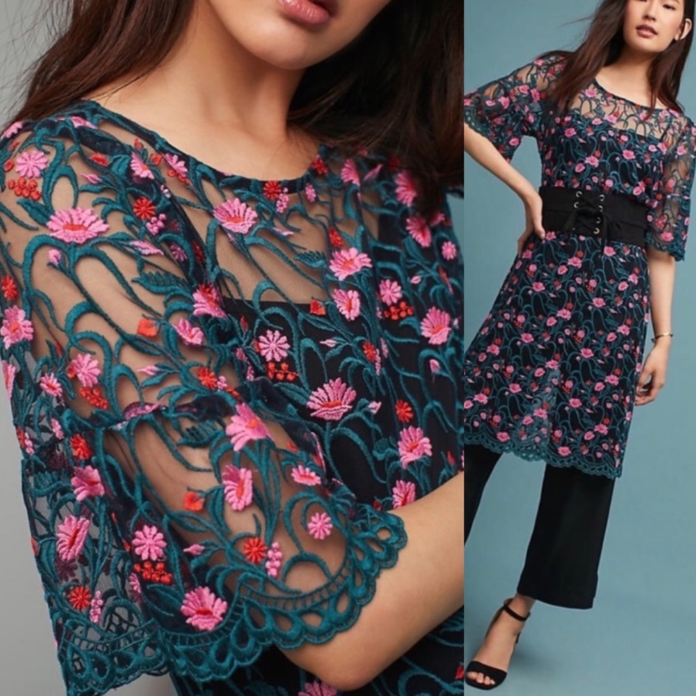 Moulinette Soers Embroidered Floral Tunic Dress Mesh Green & Pink Size XS